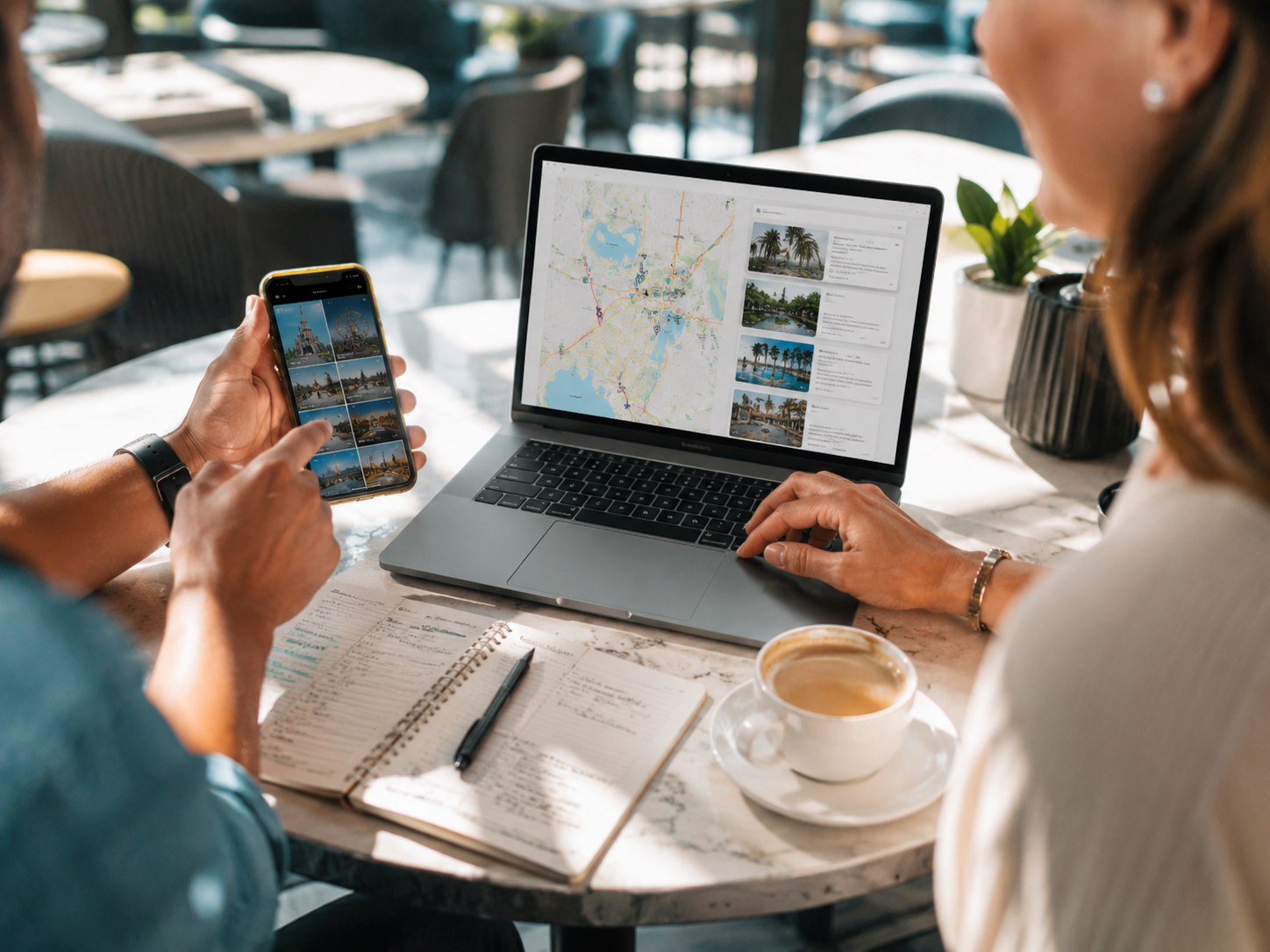 Planning an Orlando trip over maps, photos, and coffee